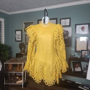 Yellow Lace Long Sleeve Mini Dress by
